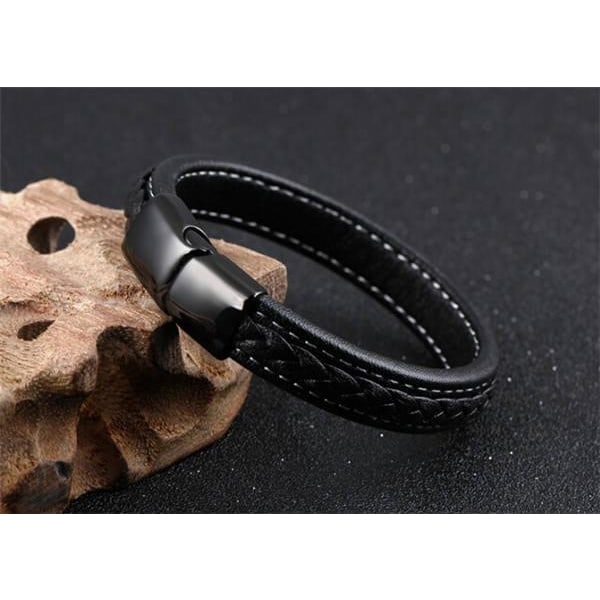 Armband i äkta läder och metallspänne till män Svart one size
