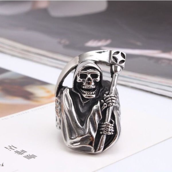Big ring scythe man in silver death scythe skeleton scary for men Silver one size