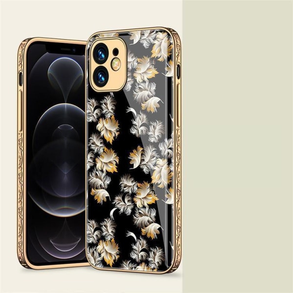 iPhone 12 Pro lyxigt glas-skal mönster guld barock fjäder blomma Blue one size
