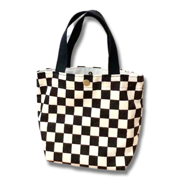 Rutig liten tote väska rutig eko knapp fack estetisk stil White Black and white