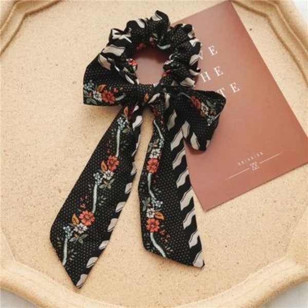 Klassisk Scrunchie sløjfe vintage print blomster bånd farver Black Black
