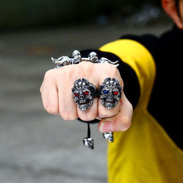 Big ring skull skeleton with red eyes rock punk Silver one size