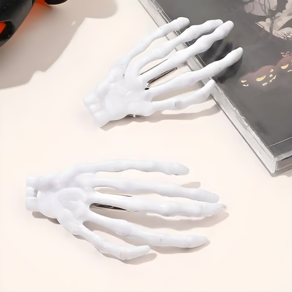 Hiusklipsit luurankokäsikuviolla - 2 kpl, ainutlaatuinen Halloween-asusteen luuranko White one size
