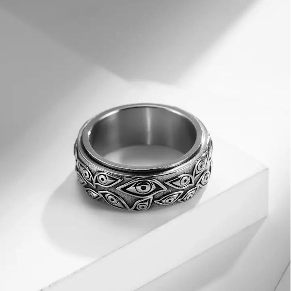 Roterende ring med øjne dæmon mod stress i rustfrit stål Silver
