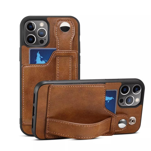 Lommebokveske 'iPhone 14 Plus' i lær med stropp for godt grep Brown