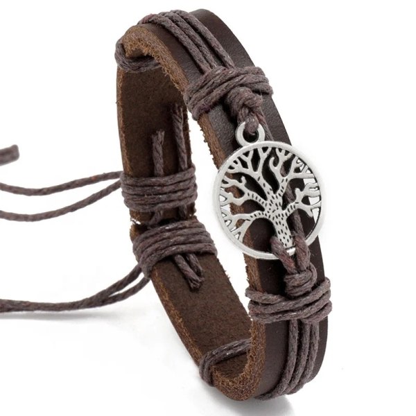Genuint läder justerbart brunt armband för män - med träd Brun one size