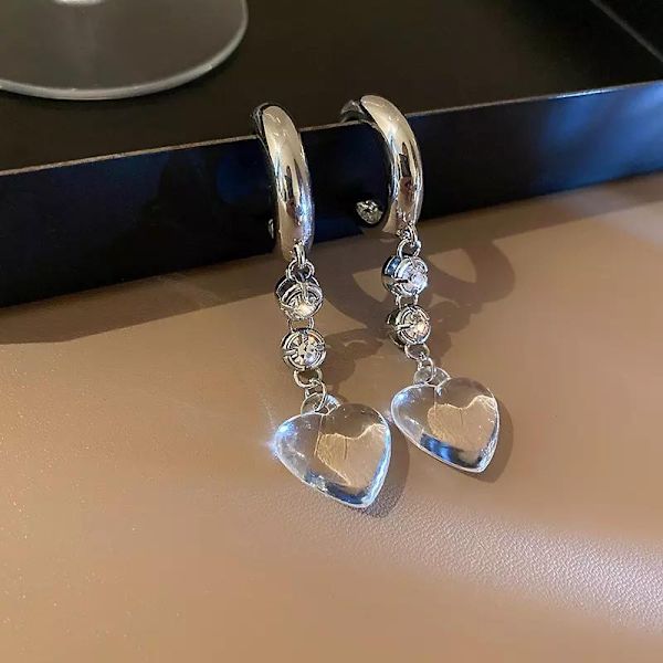 Søte øredobber med hjerte og rhinestone dinglende lange zirconia Silver one size