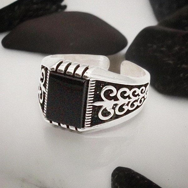 Sterling silver ring svart sten orientaliskt mönster klackring f Svart one size