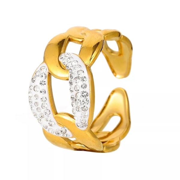Stor ring med rhinestones og kjede luksus hip hop stil rustfritt Gold one size