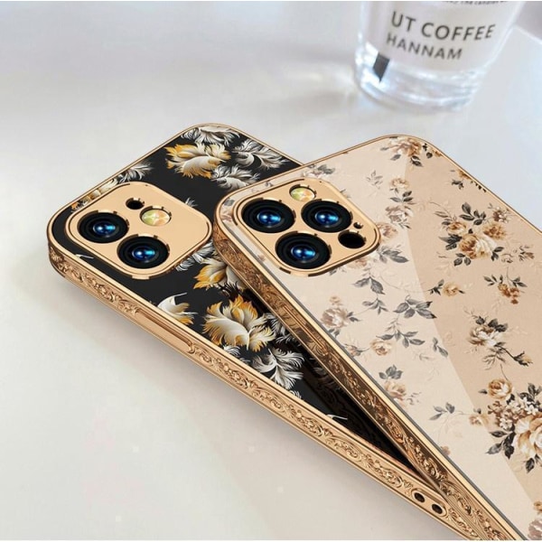 iPhone 12 Pro luksus glas case mønster guld barok fjer blomst Beige one size
