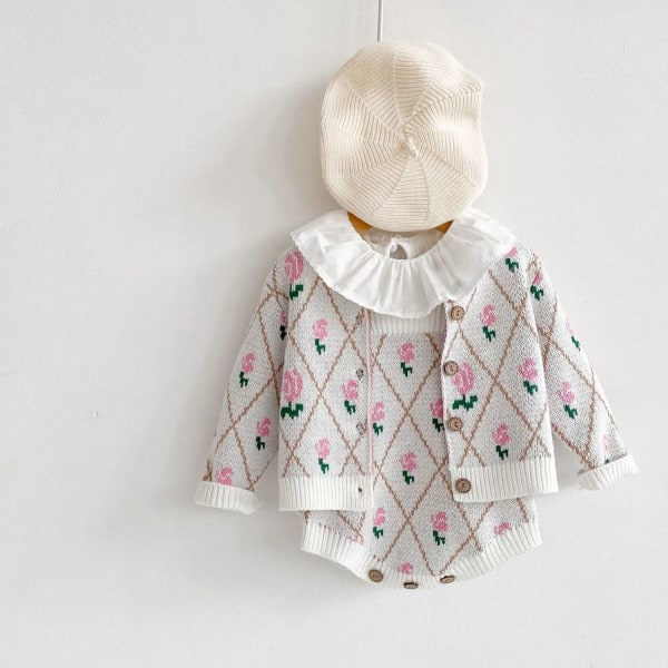 Matchende strik cardigan & shorts med rosa motiv retro klassisk stil White Romper 0-6 months