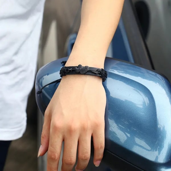 Genuint läder justerbart svart armband med dubbelhjärta gåva till män Svart one size