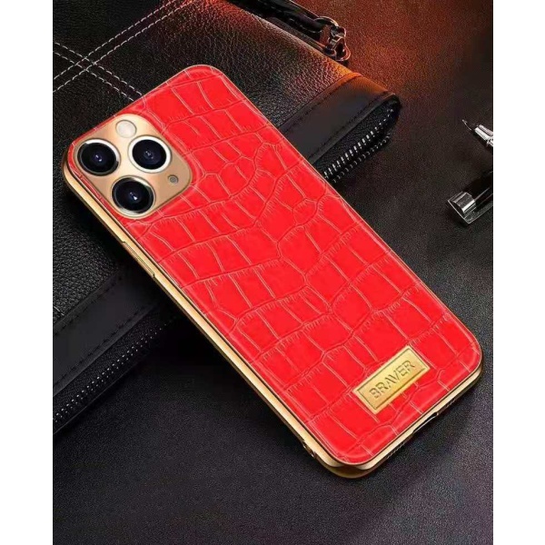 iPhone 12 Case genuine leather crocodile pattern gold plated high luxury Red one size