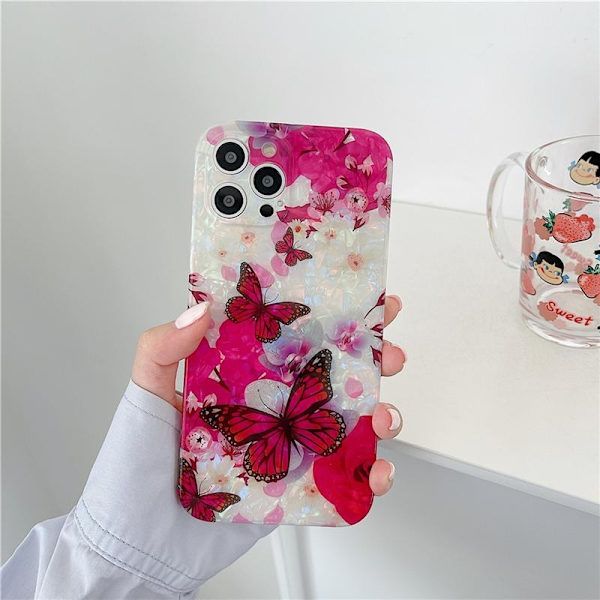 Skal iPhone 13, 13 Pro, 13 Pro Max fjäril blomma rosa pärlemor Pink one size