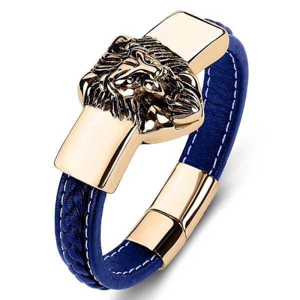 Handgjort flätat armband äkta läder med stort lejon 18K guld Blue one size