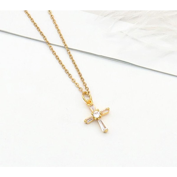 Halsband med vackert symmetriskt kors i guld och strass lång ked Guld one size