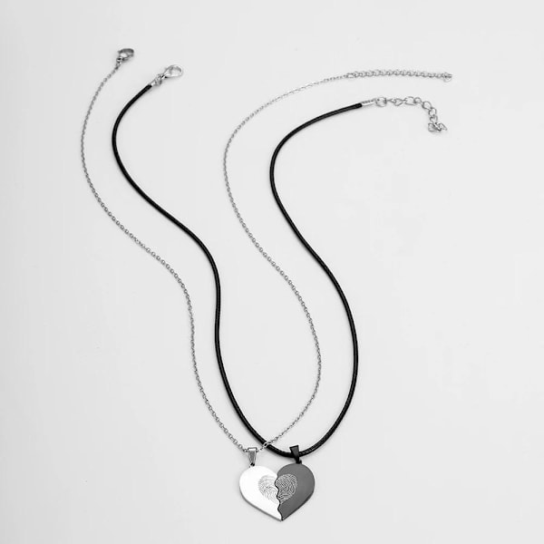 Split heart with fingerprint friendship necklace unique hearts come together Black one size