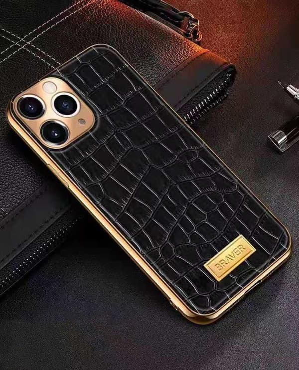 iPhone 12 Case genuine leather crocodile pattern gold plated high luxury Green one size