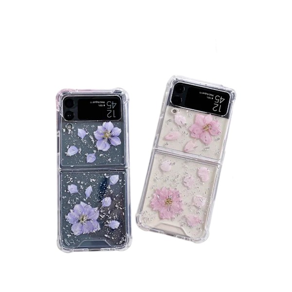 Samsung Galaxy Z FLIP 3 - läpinäkyvä kuori, jossa kuivattuja kukkia ja glitteriä Pink one size