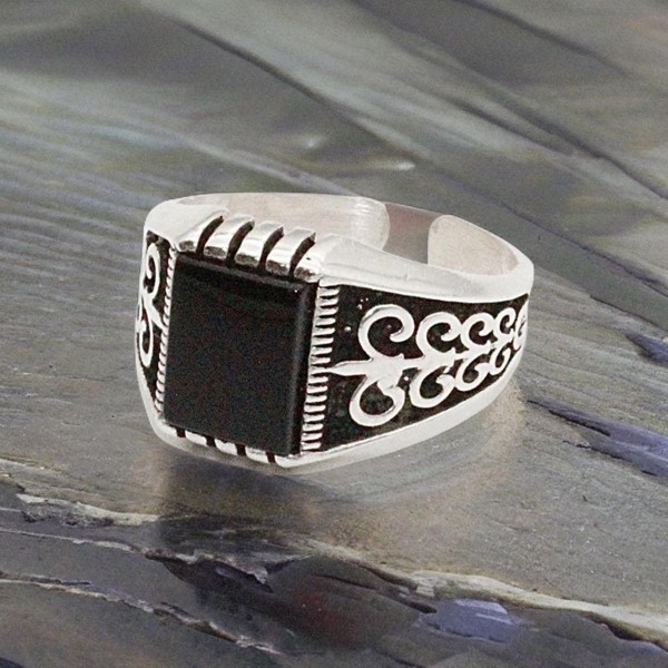 Sterling sølv ring sort sten orientalsk mønster hælring til mænd Black one size