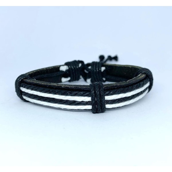 Håndlavet armbånd i sort læder & sort og hvid strengknude Black one size