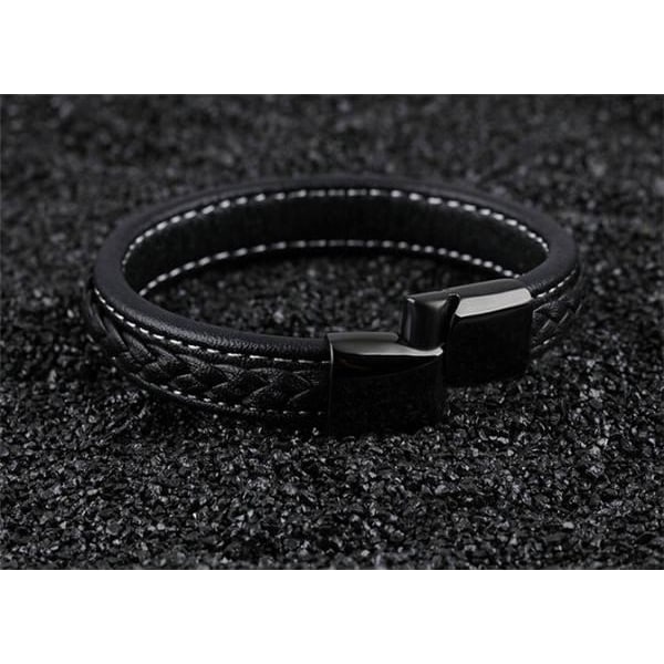 Armband i äkta läder och metallspänne till män Svart one size