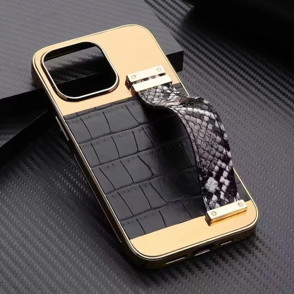 iPhone 13 Pro Max skal veganskt läder med band för bra grepp guld Black one size