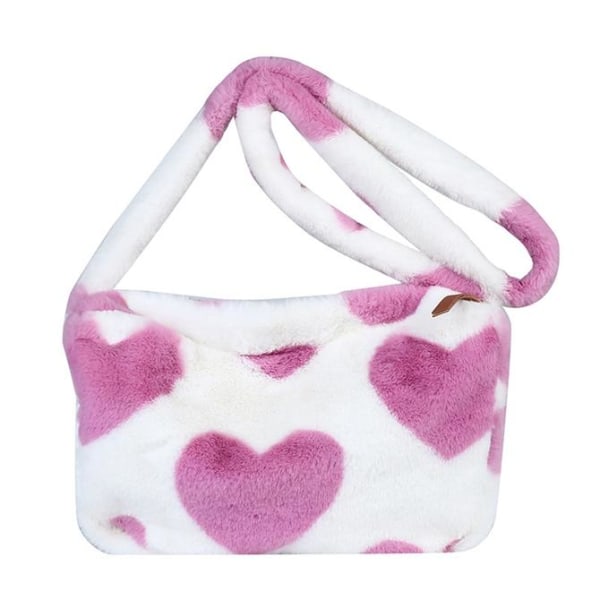 Fluffy taske med skulderrem imiteret pelshjerter rummelig med ly Pink Pink