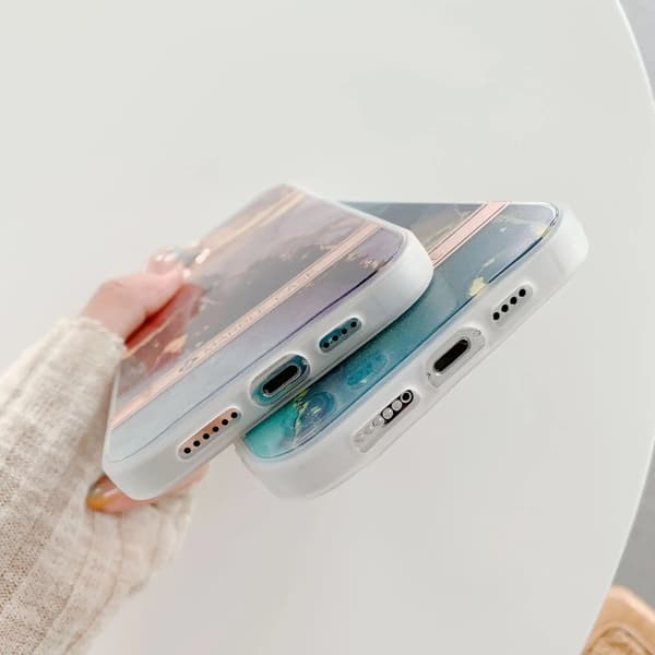 iPhone 13, Pro and Max Shockproof Case Elegant Marble and Rose Gold Details Blue 13 Pro Max