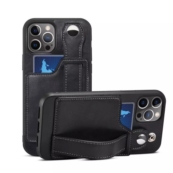 Läder plånboksskal ‘iPhone 14 Pro Max‘ med rem för bra grepp Svart