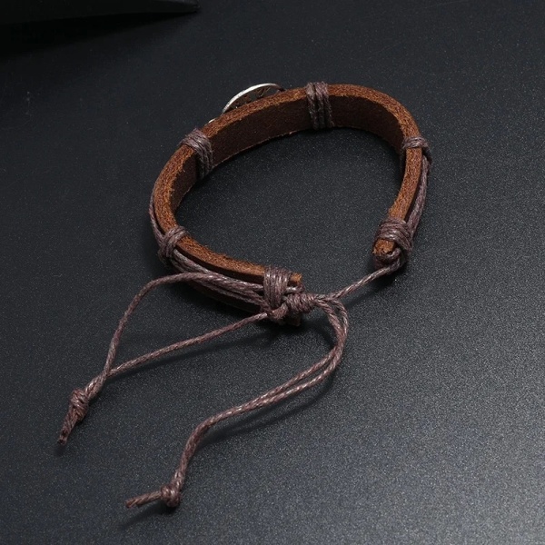 Ægte læder justerbart brunt armbånd til mænd - med træ Brown one size