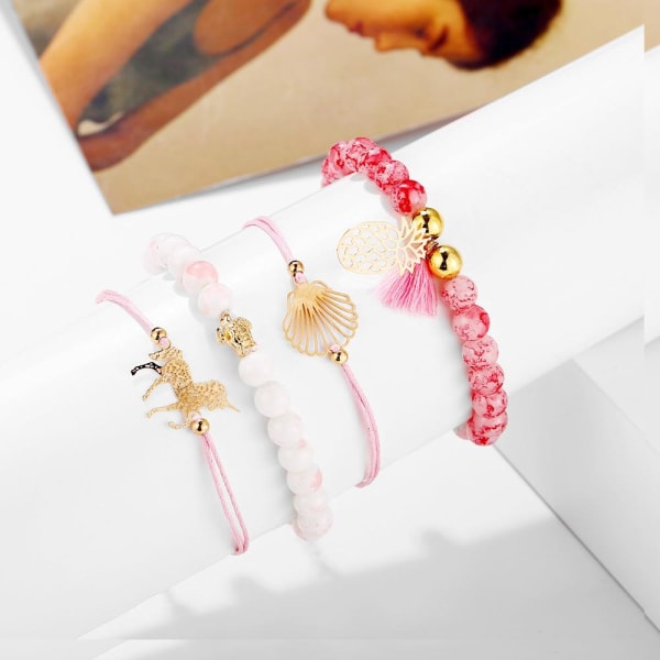 Bohemiska armband i set á 4 stk rosa enhörning Rosa one size