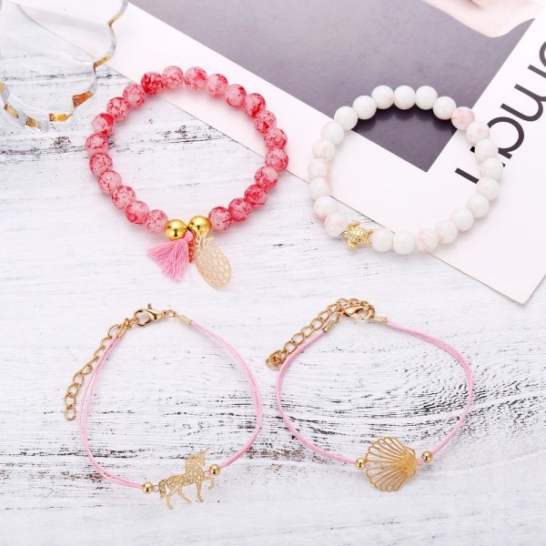Bohemiska armband i set á 4 stk rosa enhörning Rosa one size