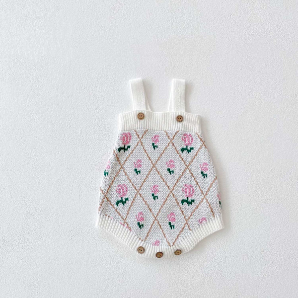 Yhteensopiva neuletakki ja shortsit ruusukuvioisella retroklassikkotyylillä White Romper 0-6 months