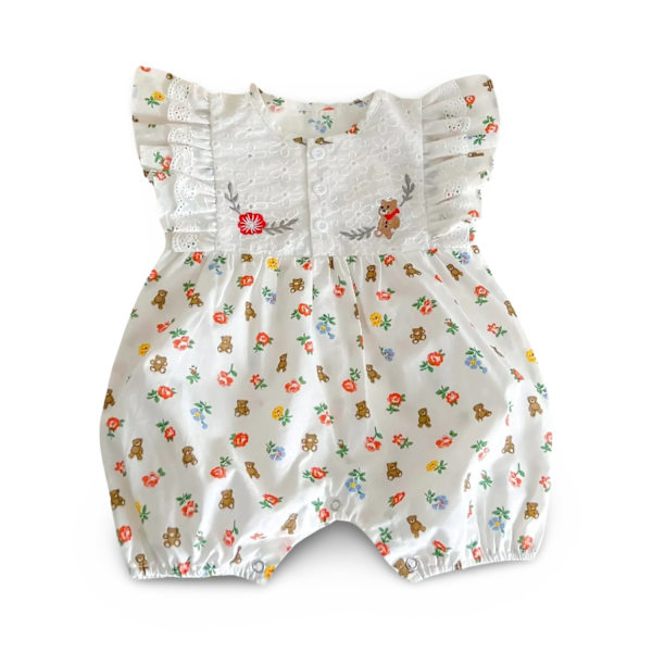 Utrolig sød shortsdragt & jumpsuit flæseblonde blomst & bamse 0-6 måneder White Bodysuit