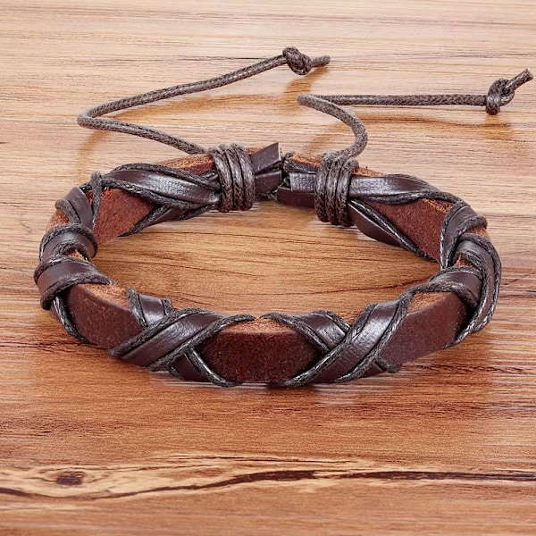 Handgjort flätat armband i äkta läder i stil brun för män Brun one size
