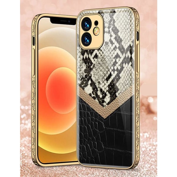 iPhone 12 lyxigt glas-skal mönster guld barock läder ormskinn Svart one size