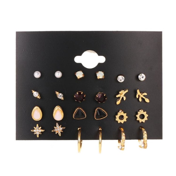 Øreringe sæt med 12 forgyldte perler rhinestone bøjler Gold one size