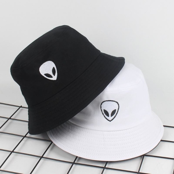 Fiskehatt Hip-Hop svart eller vit broderad alien hatt solhatt White one size