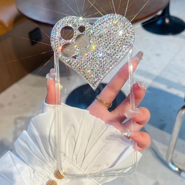 Luksus Mobiltelefon Case iPhone 14 Bling Bling Crystal Diamond Heart Transparent Silver