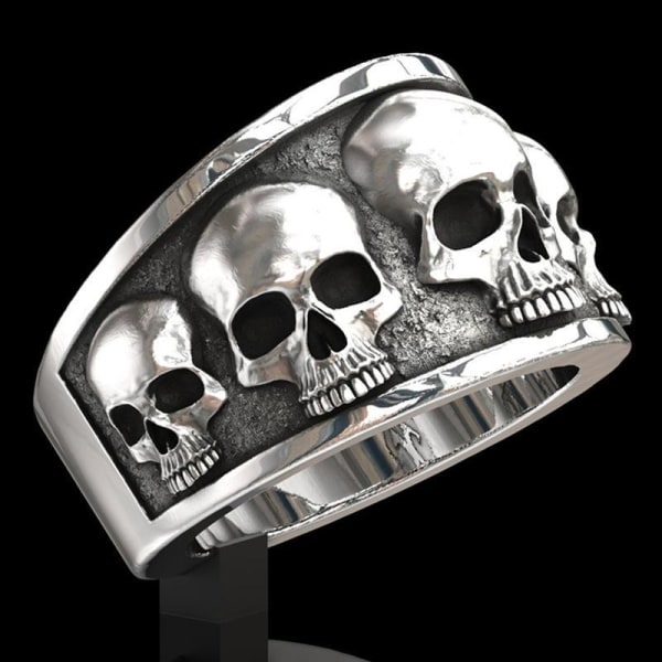 Stor ring med döskalle skelett svart vit rock punk Silver one size