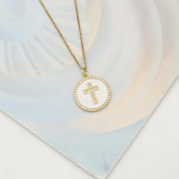 White circle necklace with cross in rhinestones and enamel Gold one size