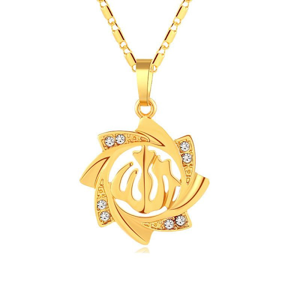 18k gold plated chain Allah muslim m crystal sun flower islam Gold one size