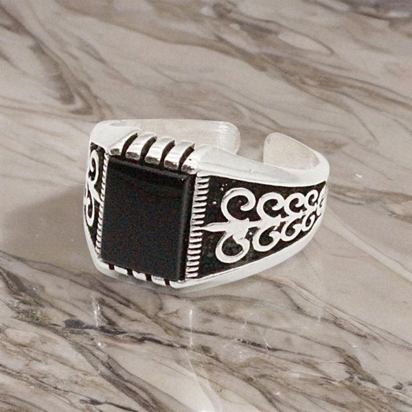 Sterling sølv ring sort sten orientalsk mønster hælring til mænd Black one size