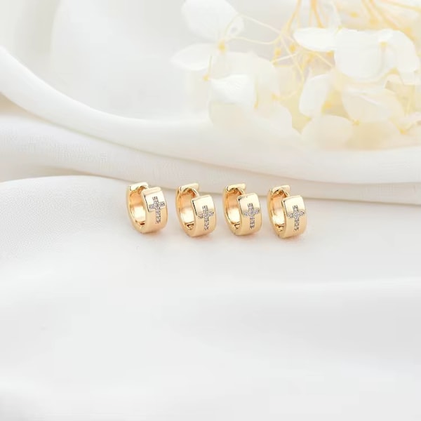 Gold-plated earrings small rings with Christian cross rhinestones Gold one size