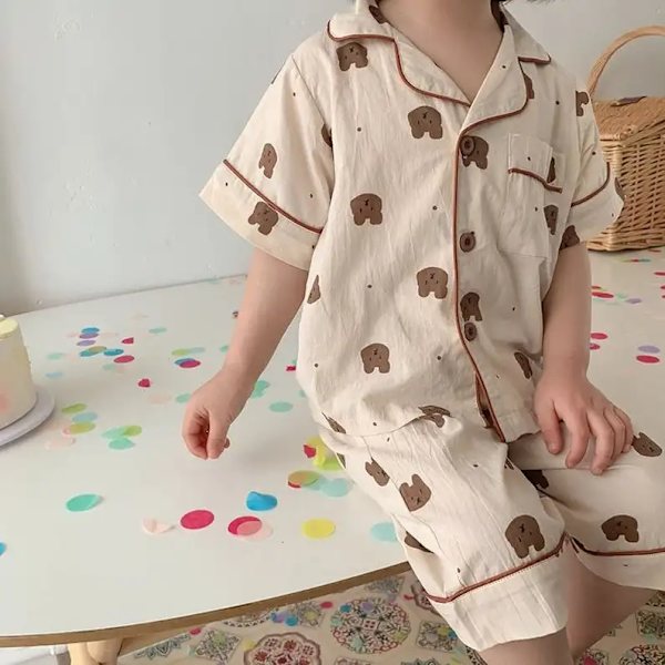 Söt shortsdress/pyjamas i tunt material med nallar eller prickar Beige 7-12 Teddybear