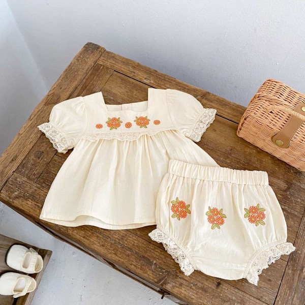 Broderat set m spets klänning + shorts för barn 0-12 månader White 0-6 months