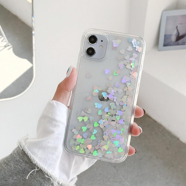 iPhone 14 Pro skal med flytande hjärtan likt kvicksand glitter Silver one size