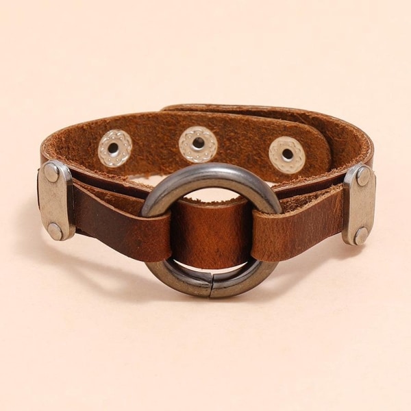 Brunt armband för män äkta läder med ring i metall slitstarkt Brun one size