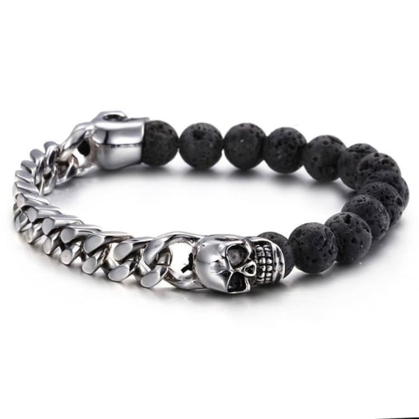 Stainless steel bracelet Cuban link skull volcanic stones Silver one size